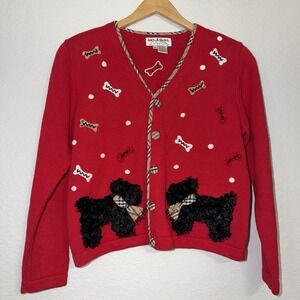 Jack B Quick Dog Christmas Cardigan Sweater M Red Scottie Dogs Holiday Novelty